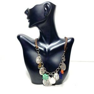 Julio Catholic Charm Medalion Necklace Beaded Chain Silver Tone Leather Artisan